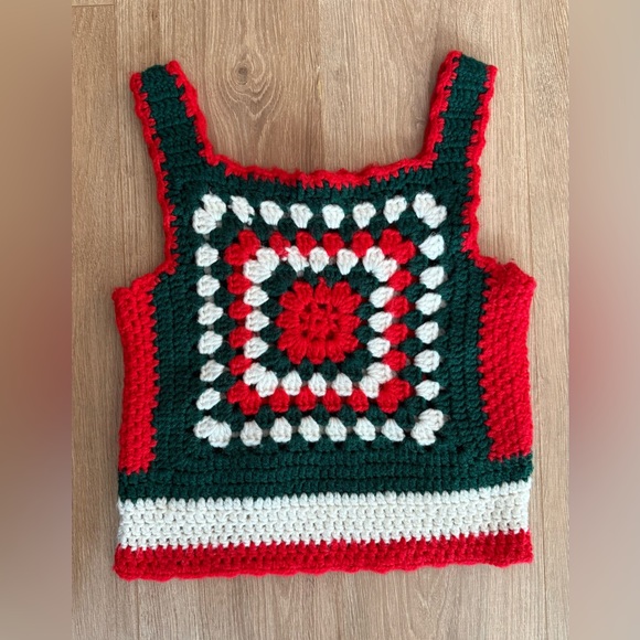 Vintage Hand Knit Crochet Sweater Vest Red & Green XS - Picture 2 of 6